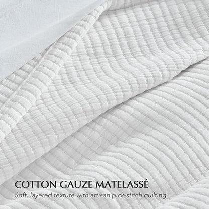 EVERGRACEHOME Cotton Gauze Full Queen Bedspread, Ultra Soft Prewashed Pick Stitch Matelassé Coverlet, Lightweight Textured Oversized Queen Quilt Bedding Set for All Season, w/2 Shams, White
