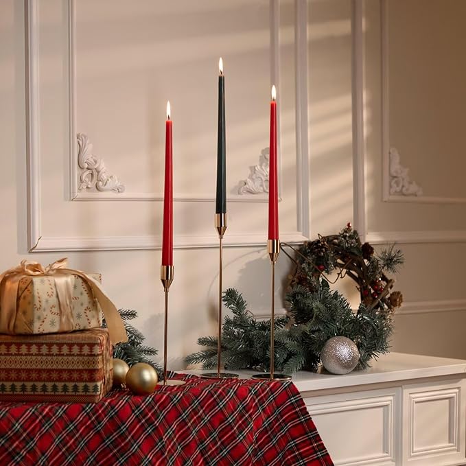 Solid Taper Candle Holders Set of 3, Champagne Gold Long Skinny Candlestick (Heights: 9/11/13 Inch), Heavy Iron Anti-Slip Base for Fireplace Mantle Table Centerpiece Christmas Decor