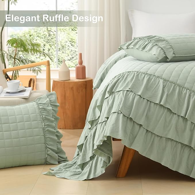 HORIMOTE HOME Asakusa Green Ruffled Quilt Set King Size, Geometric Square Stitched Pattern, Pre-Washed Farmhouse Shabby Chic Microfiber Lightweight Bedding Set Bedspread Coverlet for All Season