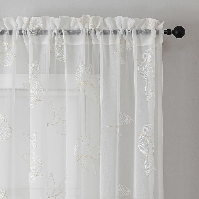 VISIONTEX Sheer Curtains 63 inch Length 2 Panels Set, Decorative Leaves Embroidery, Rod Pocket Embroidered Window Drapes for Living Room and Bedroom, 54" x 63"