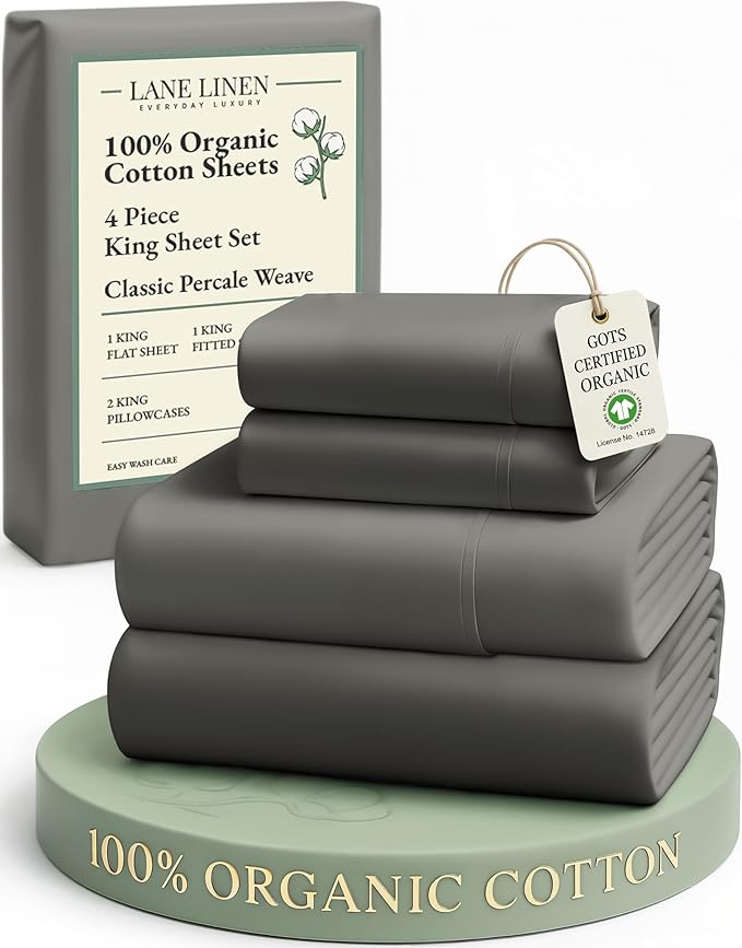 LANE LINEN 100% Organic Cotton Sheets King Size Machine Washable Fully Elasticized Soft & Comfy Mercerized Sustainably Produced All Season Eco Friendly Cotton Sheets sábanas King- Charcoal