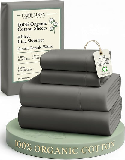 LANE LINEN 100% Organic Cotton Sheets King Size Machine Washable Fully Elasticized Soft & Comfy Mercerized Sustainably Produced All Season Eco Friendly Cotton Sheets sábanas King- Charcoal