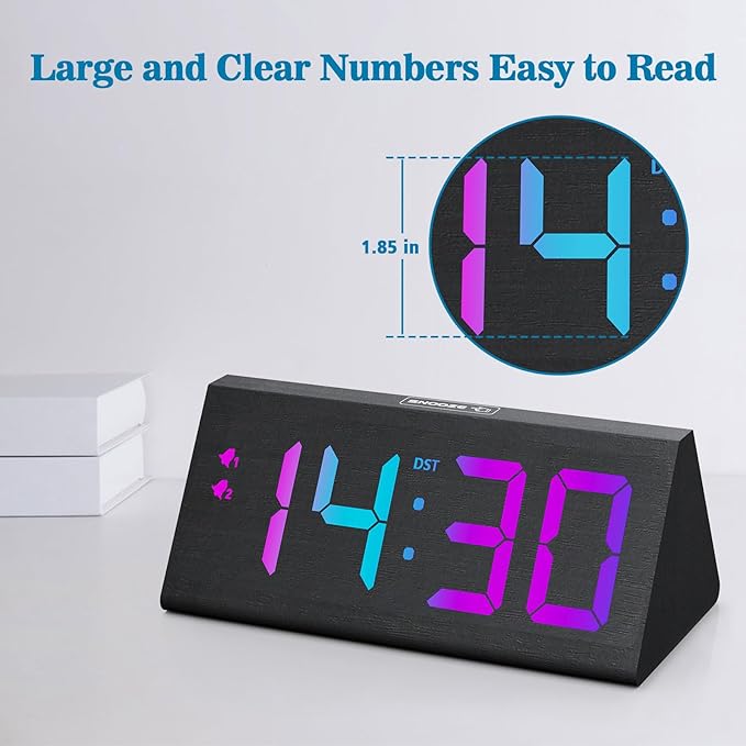 Wooden Digital Alarm Clock with Dual USB Charging Ports, DST, Dimmable, Snooze, RGB Colors, Modern Large Time Display LED Clock for Kids Bedrooms, Living Room, Desk, Table, Bedside, Nightstand (Black)