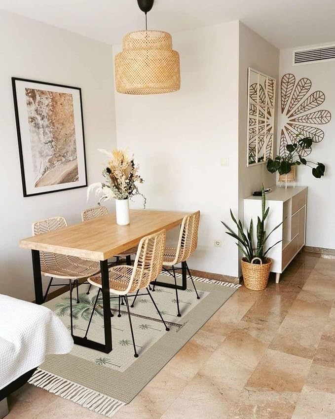 Tropical Palm Tree Entryway Rug 2X3 Ft Bathroom Mat, Washable Woven Brown Summer Beach Plant Throw Carpet with Tassel, Non-Shedding Farmhouse Retro Green Botanical Indoor Outdoor Kitchen Doormats