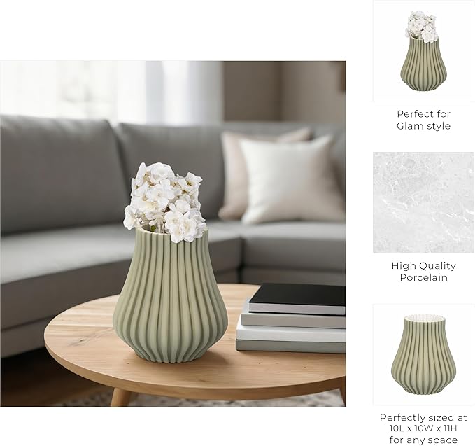 Ceramic Vase for Home Decor – Sculptural 3D Design Living Room Vase for Bedroom, House, Room, or Office Accent – Ribbed Decorative Flower Accent and Table Accents – 11” Green