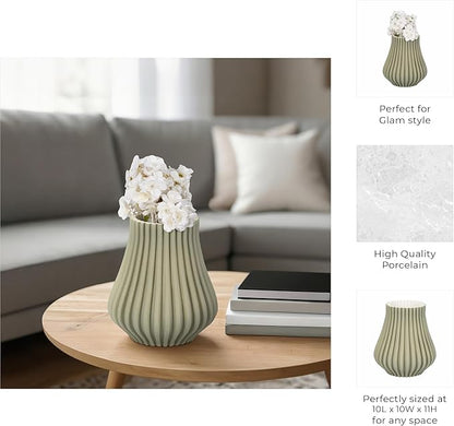 Ceramic Vase for Home Decor – Sculptural 3D Design Living Room Vase for Bedroom, House, Room, or Office Accent – Ribbed Decorative Flower Accent and Table Accents – 11” Green