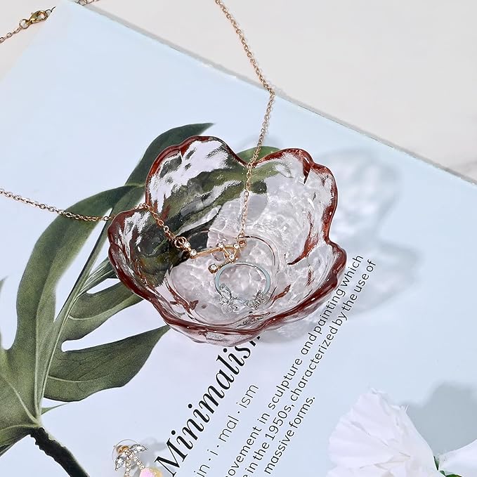 Koythin 2-Piece Glass Jewelry Tray, Mini Ring Dish for Necklace Earring Bracelet, Cute Trinket Tray for Engagement Vanity Bathroom, Crystal Floral Aesthetic Room Decor for Women Girl Mom (Light Pink)