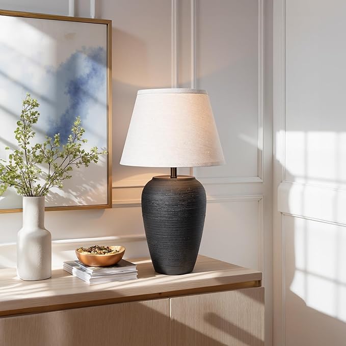Ceramic Pot Table Lamp 21.25 inch Tall Striped Nightstand Lamp, Tapered Fabric Shade Bedside, Ceramic Decorative for Living Room Bedroom House Office Entryway, TL2