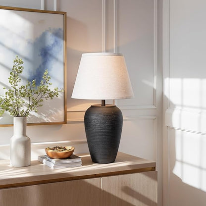 Ceramic Pot Table Lamp 21.25 inch Tall Striped Nightstand Lamp, Tapered Fabric Shade Bedside, Ceramic Decorative for Living Room Bedroom House Office Entryway, TL2