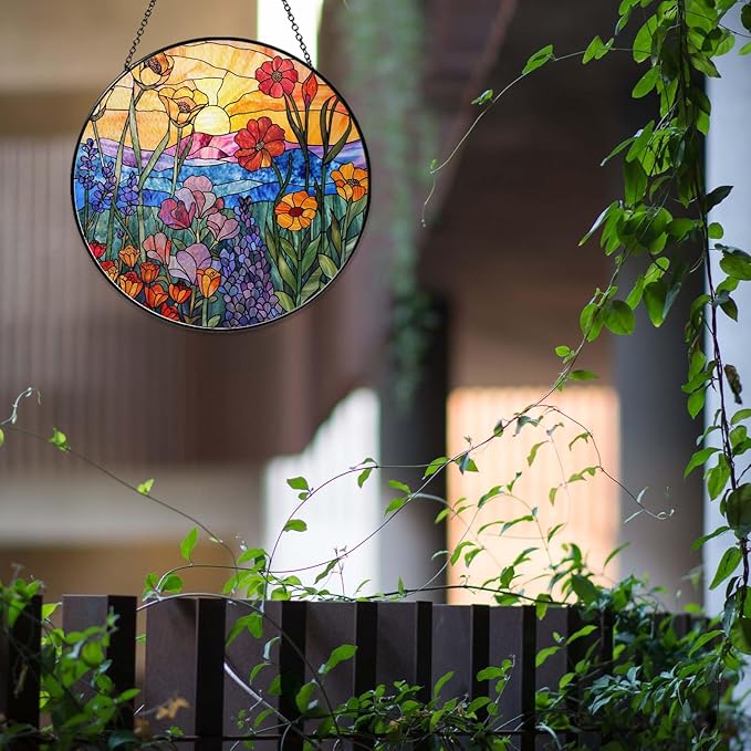 Wildflowers Sun Catcher 9.8'' Stained Glass Window Hanging Plant Lover Gifts for Women Wildflowers Wall Decor Handmade Sun Catcher Decoration for Window Garden Home Christmas & Birthday Gifts