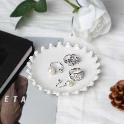 Ceramic Jewelry Dish, Decorative Tray for Rings Earrings Necklaces Bracelet Watch Keys, 4.50" Trinket Tray as Gifts for Women (White Beads)