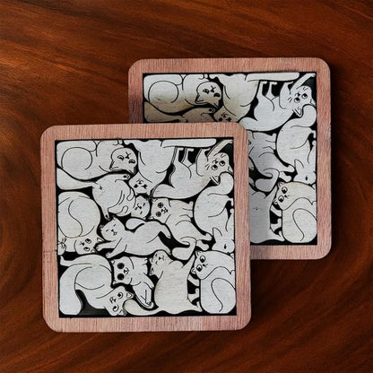 Set of 02 Cats Wooden Puzzle Coasters – Cat Lover Gift, Unique Wood Drink Coasters - Cat Puzzle Coasters - Interlocking Jigsaw Drink Mats with Laser-Cut Design