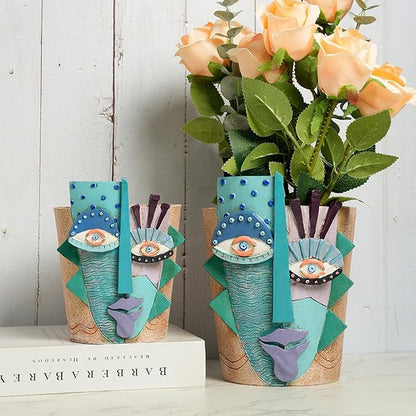Picasso Flower Pot/Vase, Unique Planters, Abstract Face Flower Pots, with Drainage Holes, Handcrafted Resin Vases for Artistic Home Décor (Large)