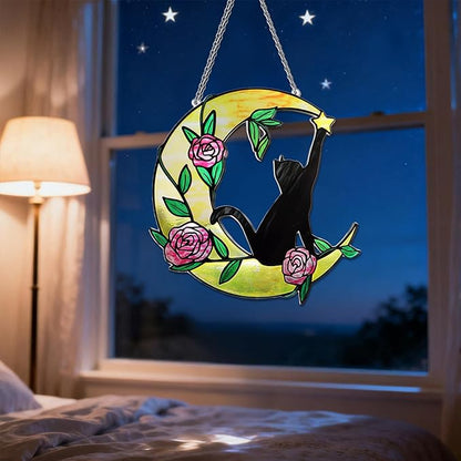 Stained Glass Window Hanging, 10 Inch Stained Glass Suncatcher, Cat Suncatcher for Home Decor, Garden, Patio, Gift for Nature and Cat Lovers