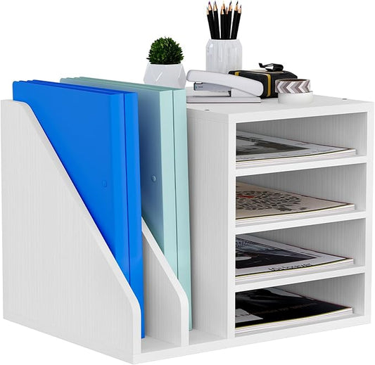 Wood Desk Organizer File Holder, Wooden Mail Organizer Countertop with Adjustable Compartments, Desktop File Organizer Paper Sorter for Home, Office and School, Envelope Organizer, White