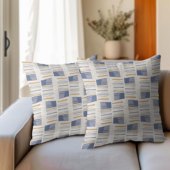 Blue Yellow Striped Pillow Covers 16x16 Set of 2 Beige Print Pattern Neutral Decorative Outdoor Boho Pillowcases with Zipper Rustic Farmhouse Decorations Throw Cushion Cover Decor for Couch Sofa Bed