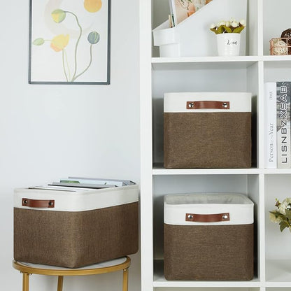 HNZIGE Fabric Storage Baskets (3 Pack) - Decorative Foldable Shelf Baskets with Leather Handles for Organizing Clothes (Brown & White, 15" x 11" x 9.5")