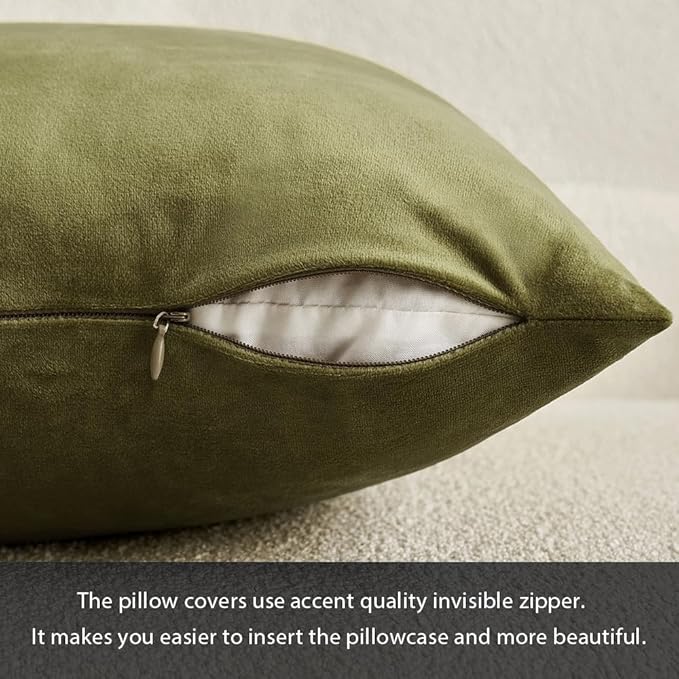 MIULEE Velvet Throw Pillow Covers 16x16 Inch, Pack of 2 - Light Olive Green, Soft Solid Decorative Pillow Covers Cushion Cases Modern Luxury Home Decor for Spring Couch Sofa Bedroom Livingroom