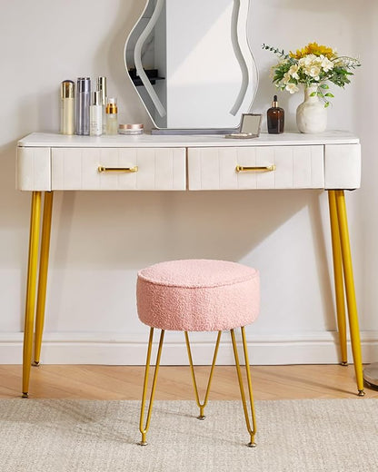 IBUYKE Teddy Velvet Round Footrest Stool Ottoman, Makeup Vanity Stool Side Table, Velvet Dressing Table Seat, Pouf Couch Stool, for Living Room Bedroom, Pink WBD009P