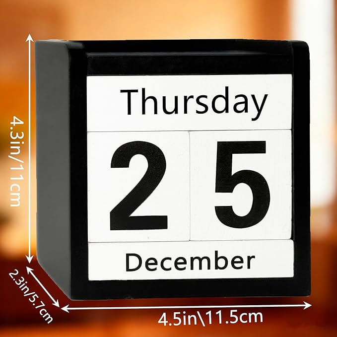 Black Perpetual Calendar Wooden Block Desk Decor Calendar - Black and White Office Desktop Accessories for Men Modern Farmhouse Teacher Classroom - Reusable & Aesthetic