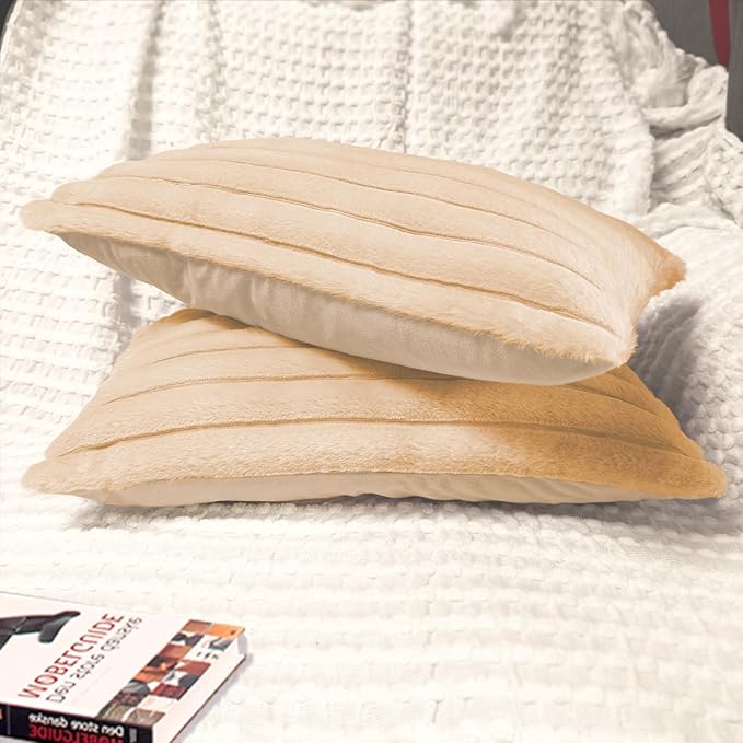 2 Pack 12x20 Pillow Cover Velvet Pillow Covers, Faux Fur Oblong Throw Pillow Covers for Living Room Decorations Throw Pillow Case, Throw Pillow Cover Cushion Cover for Home Sofa Bedroom Car, Khaki