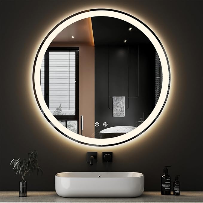 Sweetcrispy 36 Inch Round LED Bathroom Mirror with Lights, Circle Vanity Mirror with Anti-Fog, Dimmable, 3-Color Light, Memory Function, Tempered Glass