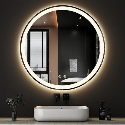 Sweetcrispy 36 Inch Round LED Bathroom Mirror with Lights, Circle Vanity Mirror with Anti-Fog, Dimmable, 3-Color Light, Memory Function, Tempered Glass