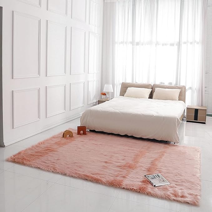 Faux Fur Rug Sheepskin Shag Fluffy Fuzzy 6x9 ft Pink Rugs for Bedroom Bedside Bed Floor Living Room Plush Rectangle High-Density Cushion Carpet Super Sofa Cover