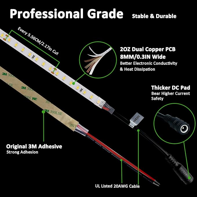 JOYLIT 24V LED Strip Lights 16.4ft 5000K Daylight White 126LEDs/M, UL Listed 680LM/FT Bright Dimmable LED Tape CRI 92+, Self-Adhesive 2835 SMD 90W 11150 Lumen Indoor Light Strip for Commercial, Home