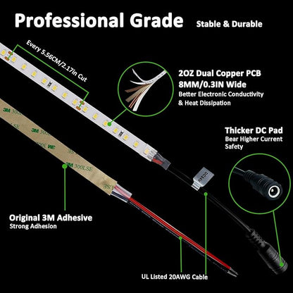 JOYLIT 24V LED Strip Lights 16.4ft 5000K Daylight White 126LEDs/M, UL Listed 680LM/FT Bright Dimmable LED Tape CRI 92+, Self-Adhesive 2835 SMD 90W 11150 Lumen Indoor Light Strip for Commercial, Home