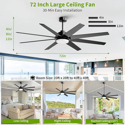 72 Inch Ceiling Fans with Lights and Remote APP Control, Outdoor Indoor Black LED Big Ceiling Fan Reversible 24db Quiet, 6 Speed 3CCT Dimmable,Modern Ceiling Fan for Patio Living Room Farmhouse Garage