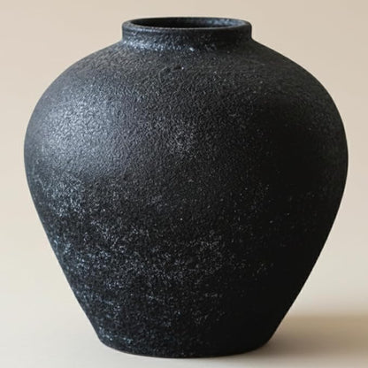Handmade Large Rustic Ceramic Vase 10.6 inches Tall, Farmhouse Stone Decor, Big Black Round Vase Living Room Home Decor, Earthy Textured Large Vases for Centerpieces Console Table