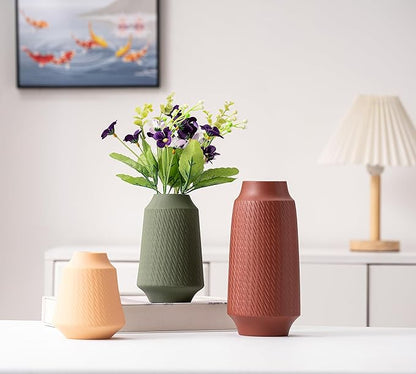 Ceramic Vase Set of 3, Modern Multicolor Pattern Flower Vases for Home Decor, Office, Centerpieces, Boho Farmhouse Style (Red/Green/Orange)