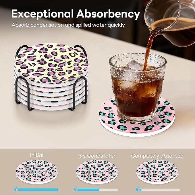 6-Piece Ceramic Coaster Set with Tray Diameter: 3.94 in Thickened Absorbent Material Heat-Resistant and Water-Absorbent Coaster Set Suitable for All Types of Cups， Leopard Print