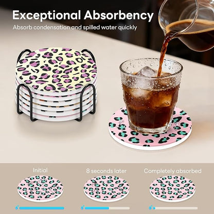 6-Piece Ceramic Coaster Set with Tray Diameter: 3.94 in Thickened Absorbent Material Heat-Resistant and Water-Absorbent Coaster Set Suitable for All Types of Cups， Leopard Print