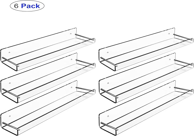AMT 6 Pack Acrylic Floating Shelves, 15" L x 3.25" W, Clear Bathroom Wall Shelf, Bookshelves, Invisible Display for Office, Bedroom, Small Gap Allows Water to Escape, Free Screws & Drill Bit (Medium)