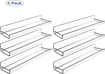 AMT 6 Pack Acrylic Floating Shelves, 15" L x 3.25" W, Clear Bathroom Wall Shelf, Bookshelves, Invisible Display for Office, Bedroom, Small Gap Allows Water to Escape, Free Screws & Drill Bit (Medium)