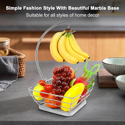 Livabber Countertop Fruit Basket Bowl with Banana Hanger, Modern Standing Fruit Vegetable Bowl Storage, with Banana Tree Holder for Kitchen Dinning Table (Square Marble, Chrome)