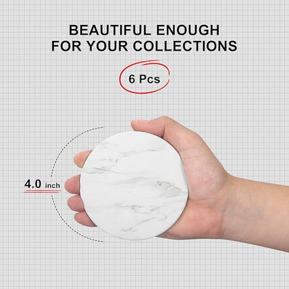 White Marble Coasters Set of 6 - Round Ceramic Absorbent Coasters with Holder for Lounge, Bar, Coffee, Cup, Table, Desk