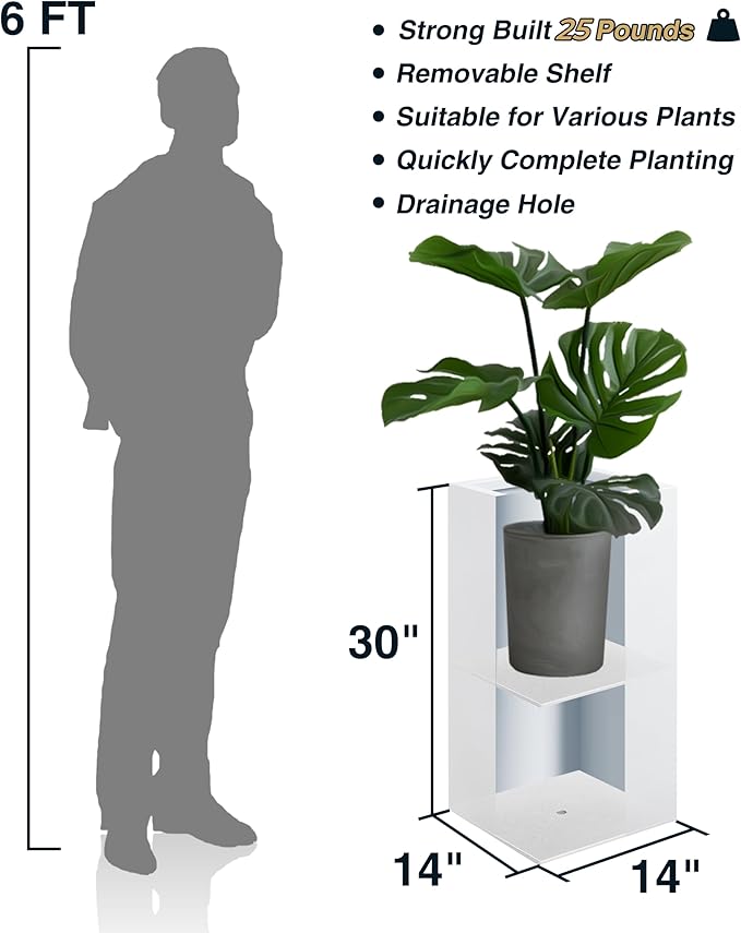 Wallowa Metallic Heavy Tall Outdoor/Indoor Planter Box, Seamless Metal Planter, Rectangular, 14”Lx14”Wx30”H, ‎25 Pounds Each, Pure White, No Assembly and Seamless, Set of 2