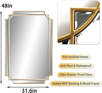Gold Mirror for Wall, 48" x32" Wooden Framed, Polished Bevelled Rectangle Mirror, Modern Decorative Mirrors for Wall Decor, Irregular Mirror for Living Room, Bathroom, Entryway, Bedroom