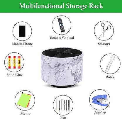Round Leather Art Supply Organizer,Remote Control Holder,360-degree Rotating Pen Organizer with 4 Compartments(1-Marble White Silver)