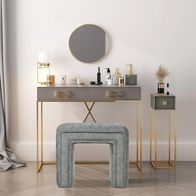 Get Set Style Vanity Stool Chair,Modern Velvet Ottoman Foot Stool with Wooden Legs Sofa Bench Footstool Extra Seat for Vanity,Makeup Room,Living Room,Entryway,Office (Fully Assembled) (Dark Grey)