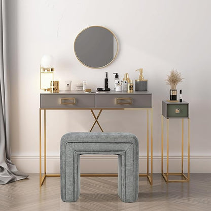 Get Set Style Vanity Stool Chair,Modern Velvet Ottoman Foot Stool with Wooden Legs Sofa Bench Footstool Extra Seat for Vanity,Makeup Room,Living Room,Entryway,Office (Fully Assembled) (Dark Grey)