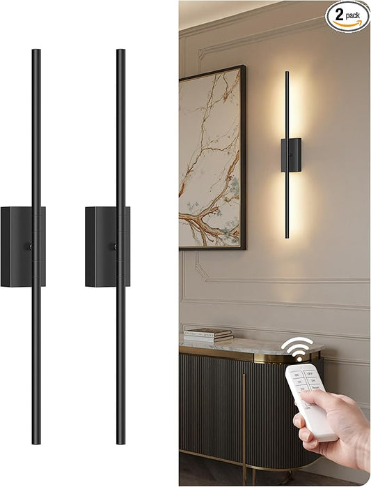 27.6" Wireless Wall Sconces Battery Operated Set of 2, Rechargeable Lamps with Remote, 360° Rotation, 10000mAh, Touch Dimmable Lights for Bedroom, Living Room, Hallway, Black B06YBP205