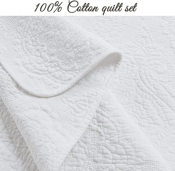 Cozy Line Home Fashions 100% Cotton Matelasse Medallion Solid White Luxury Chic Bedding Quilt Set, Reversible Lightweight Bedspread Coverlet for All Season (Medallion - White, King - 3 Piece)