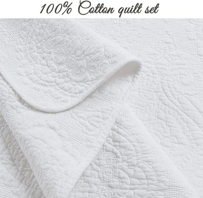 Cozy Line Home Fashions 100% Cotton Matelasse Medallion Solid White Luxury Chic Bedding Quilt Set, Reversible Lightweight Bedspread Coverlet for All Season (Medallion - White, King - 3 Piece)