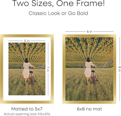Homeforia 6x8 Picture Frame Gold, High End Metal 6 x 8 Frames with Mat 5 by 7 for Print, Photo Frame 6x8 Gold Matted to 5x7 inches Art, 6by8 Wall or Tabletop Frames, Tempered Glass, Wall Kit, Set of 2