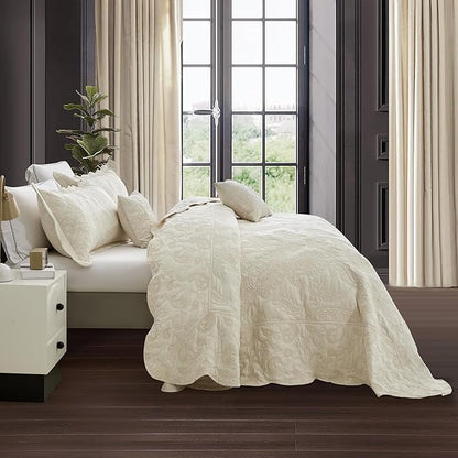 HZ & HY Oversized King Bedspread 138x122 Extra Wide, Quilted Coverlet Bedding Set, Lightweight Thin Comforter, Reversible, Luxurious, 5 Piece, 100% Microfiber, California/Alaskan King, Ivory Yellow