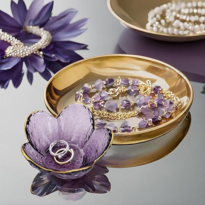 Purple Flower Ring Dish Jewelry Tray, Small Glass Trinket Tray for Rings Earrings, Present for Wife Mom Daughter Women
